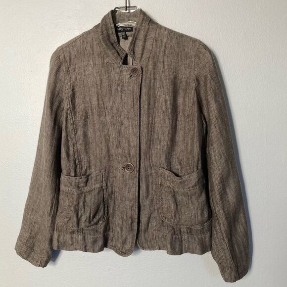 Eileen Fisher Jacket Linen Small Petite Relaxed Button Front Gathered Pockets - Picture 1 of 9